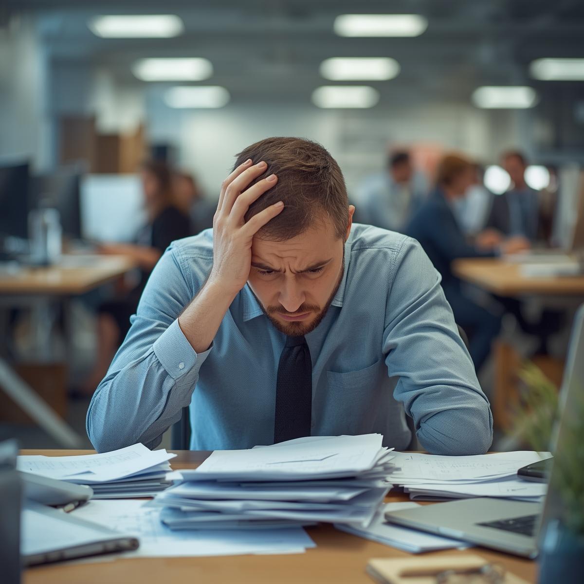 heros-img Hectic Looking Employee. He Looks Stressed By All The Work He Has To Do. He Is In A Coworking Environment And There Are Other Employees In Back Ground At Their Own Desks